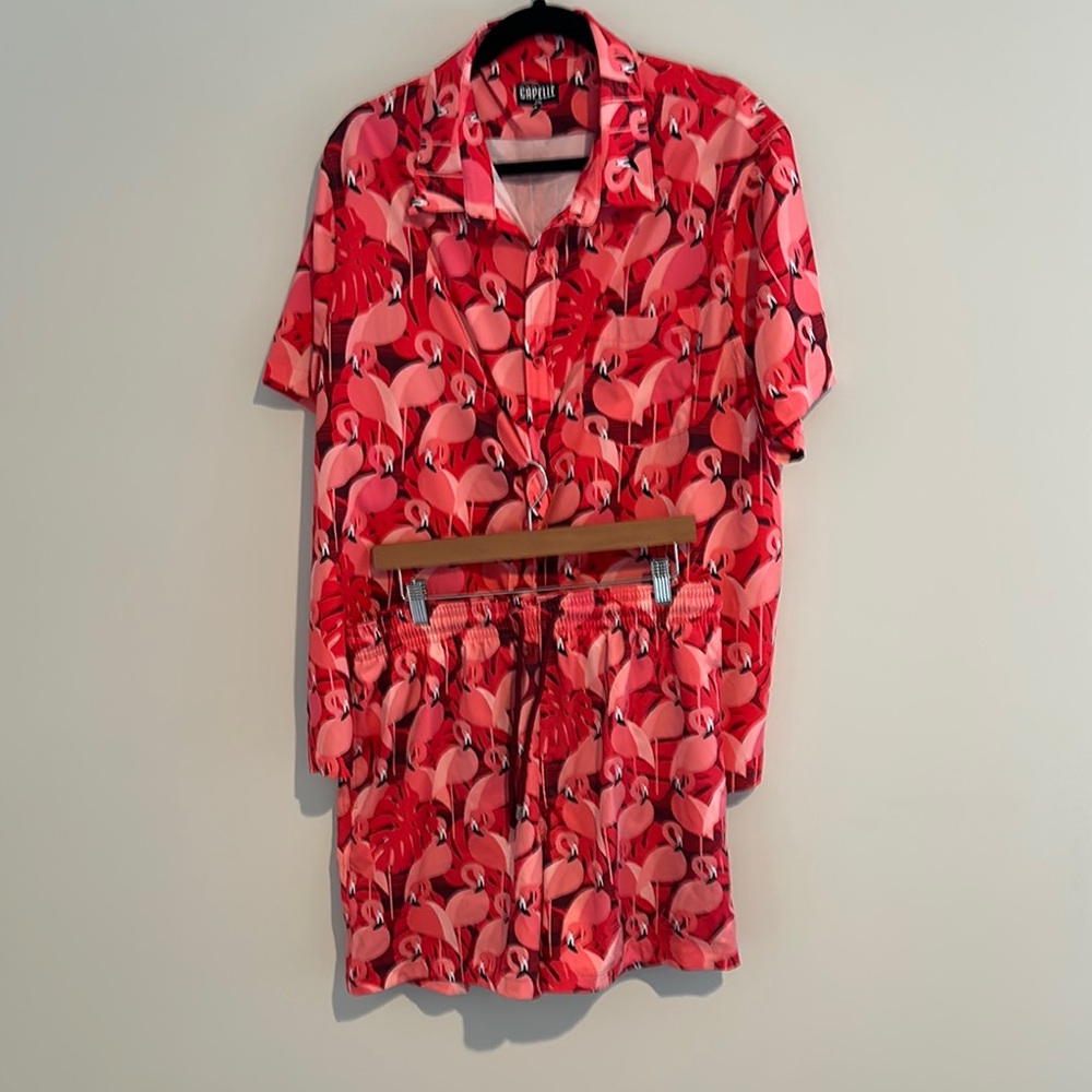 Red and Pink Floral Casual Button Down Shirt and swim trunks
